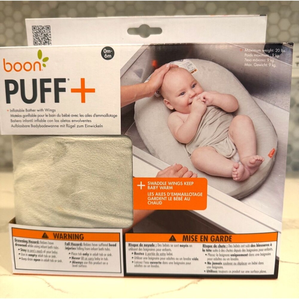 Boon Puff+ Inflatable Baby Bather Infant Bathtub With Microfleece Cover Grey NIB